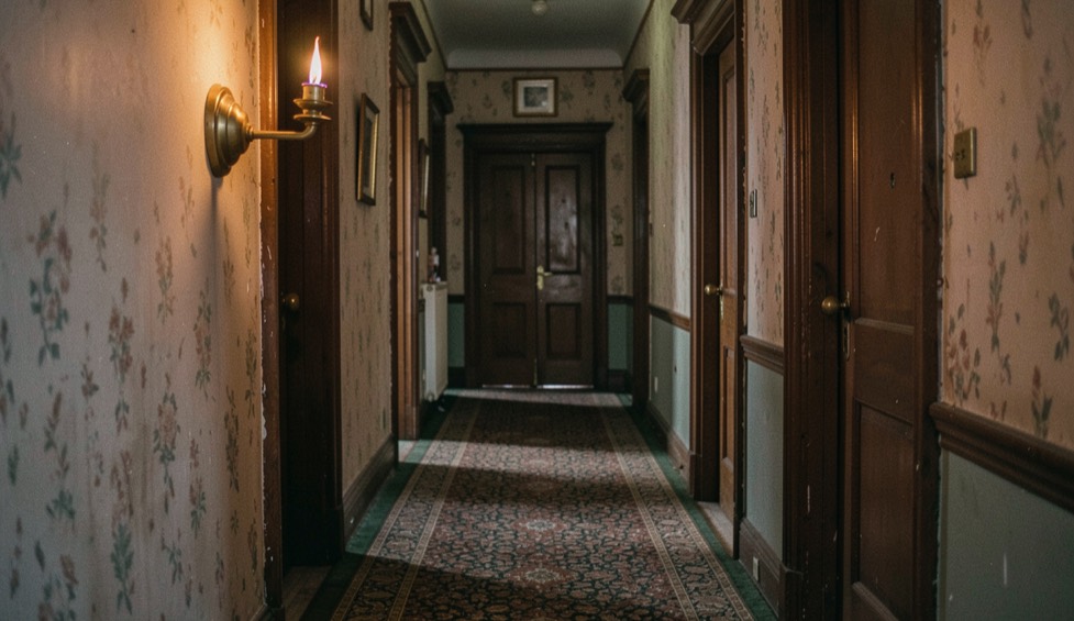 A brass wall sconce holding a lit candle in a narrow old hallway with a patterned runner carpet, floral wallpaper and dark wood doors, no people