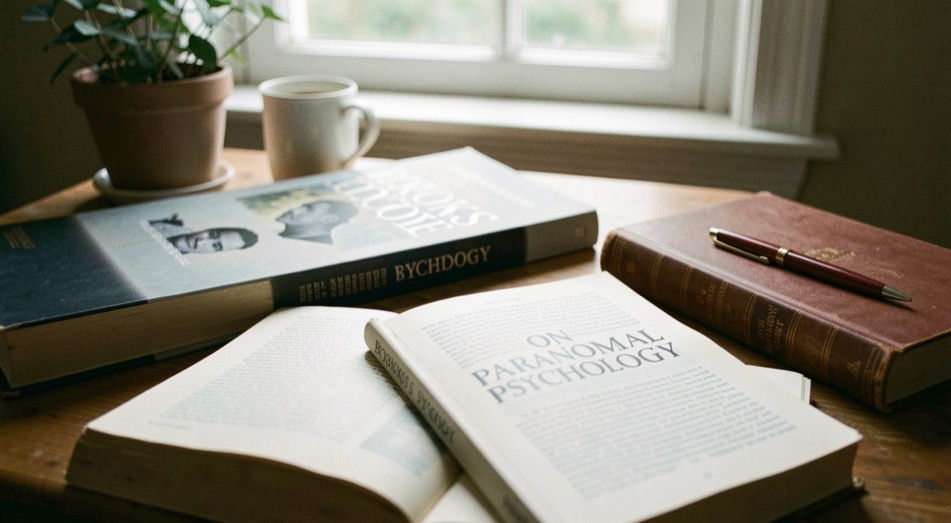 A calm editorial scene for Books on Paranormal Psychology using ordinary objects, soft natural light, and no staged evidence