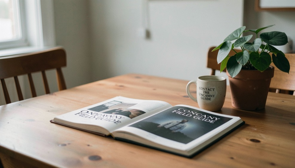 A calm editorial scene for Contact The Uncanny Field Guide using ordinary objects, soft natural light, and no staged evidence