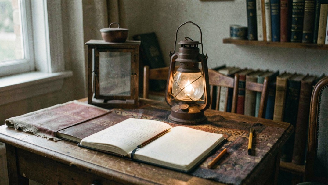 A quiet editorial scene for History & Culture with a notebook, lantern light, and ordinary household details