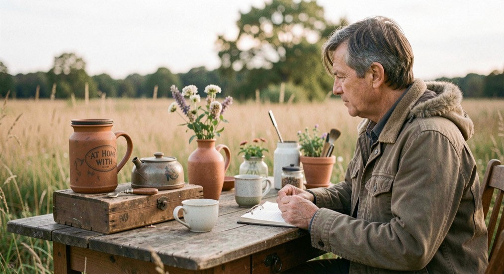 A calm field-guide scene introducing At Home with ordinary objects and soft natural light