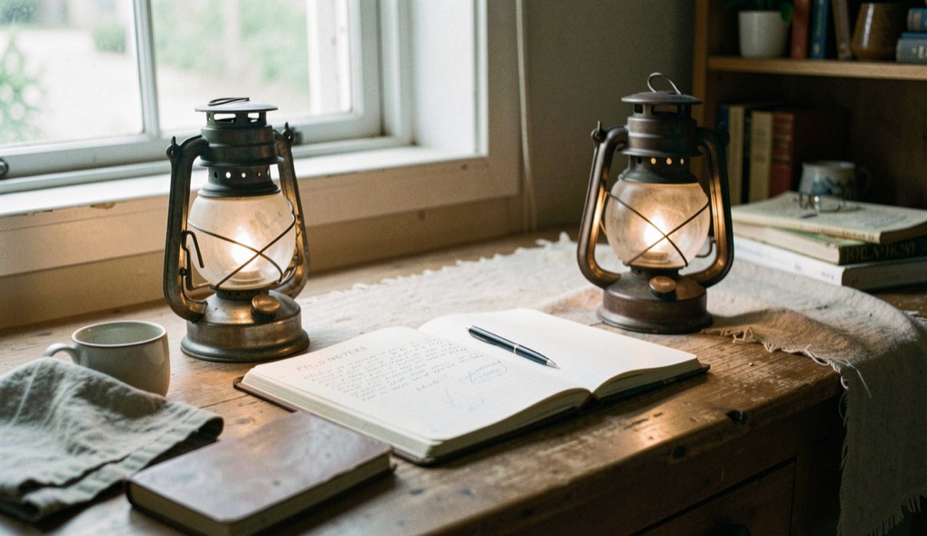 A quiet editorial scene for Field Notes with a notebook, lantern light, and ordinary household details