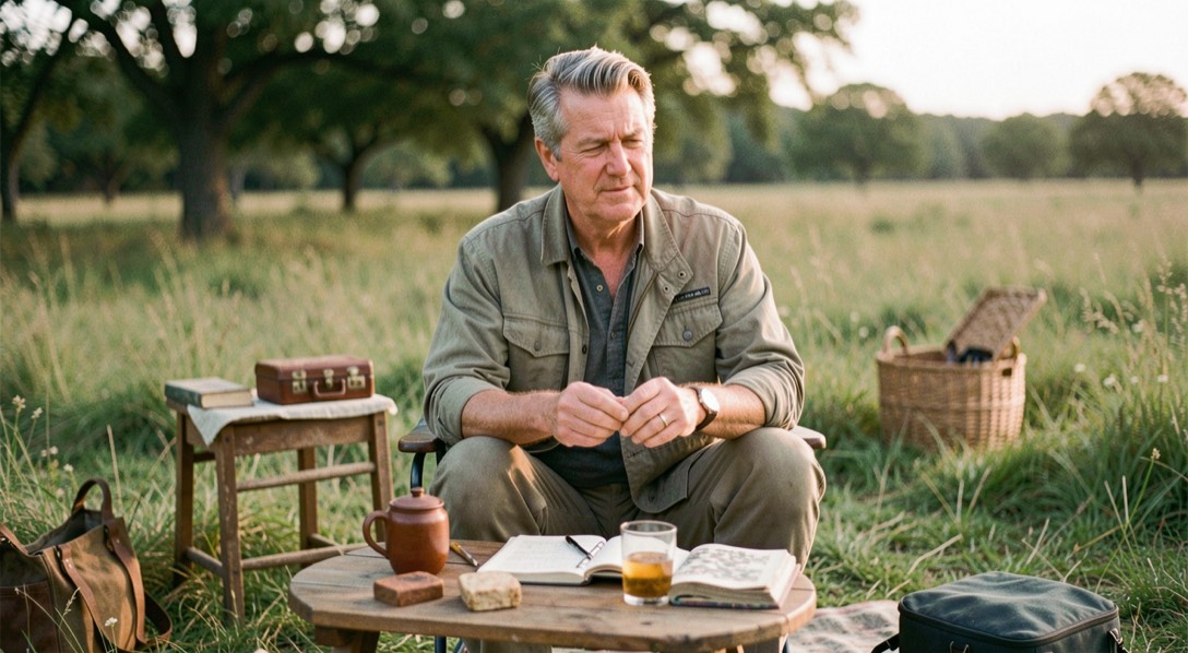 A calm field-guide scene introducing Record & Review with ordinary objects and soft natural light