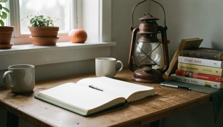 A quiet editorial scene for Start Here with a notebook, lantern light, and ordinary household details