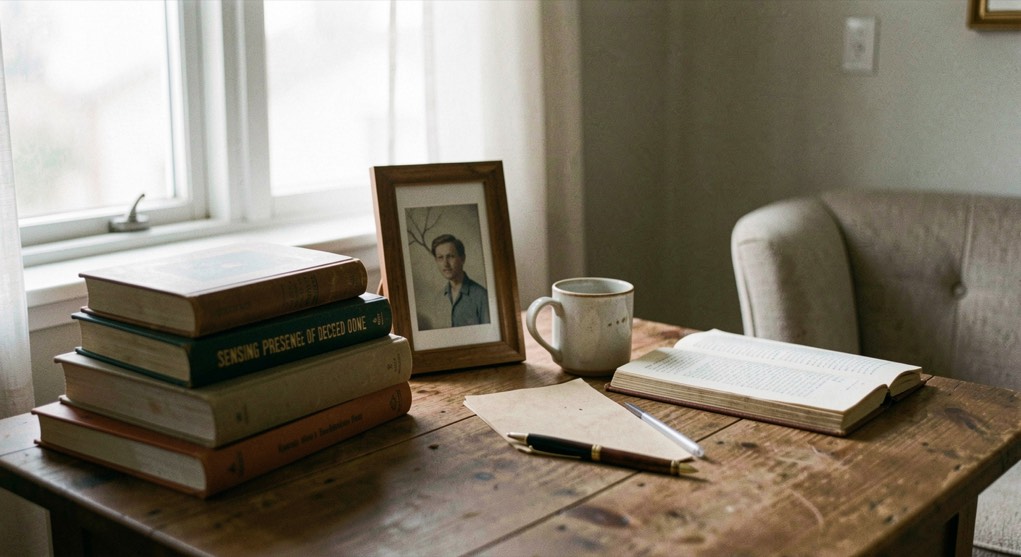 A calm editorial scene for Sensing Presence Of Deceased Loved One using ordinary objects, soft natural light, and no staged evidence